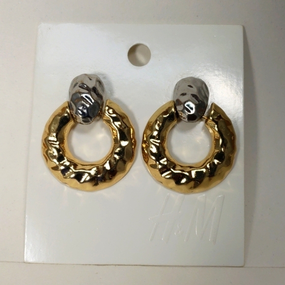 H&M Hammered Silver and Gold tone Chunky Hoop Teardrop Earrings - Picture 1 of 4